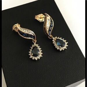 14K Gold Channel Sapphire Diamond Drop Earrings